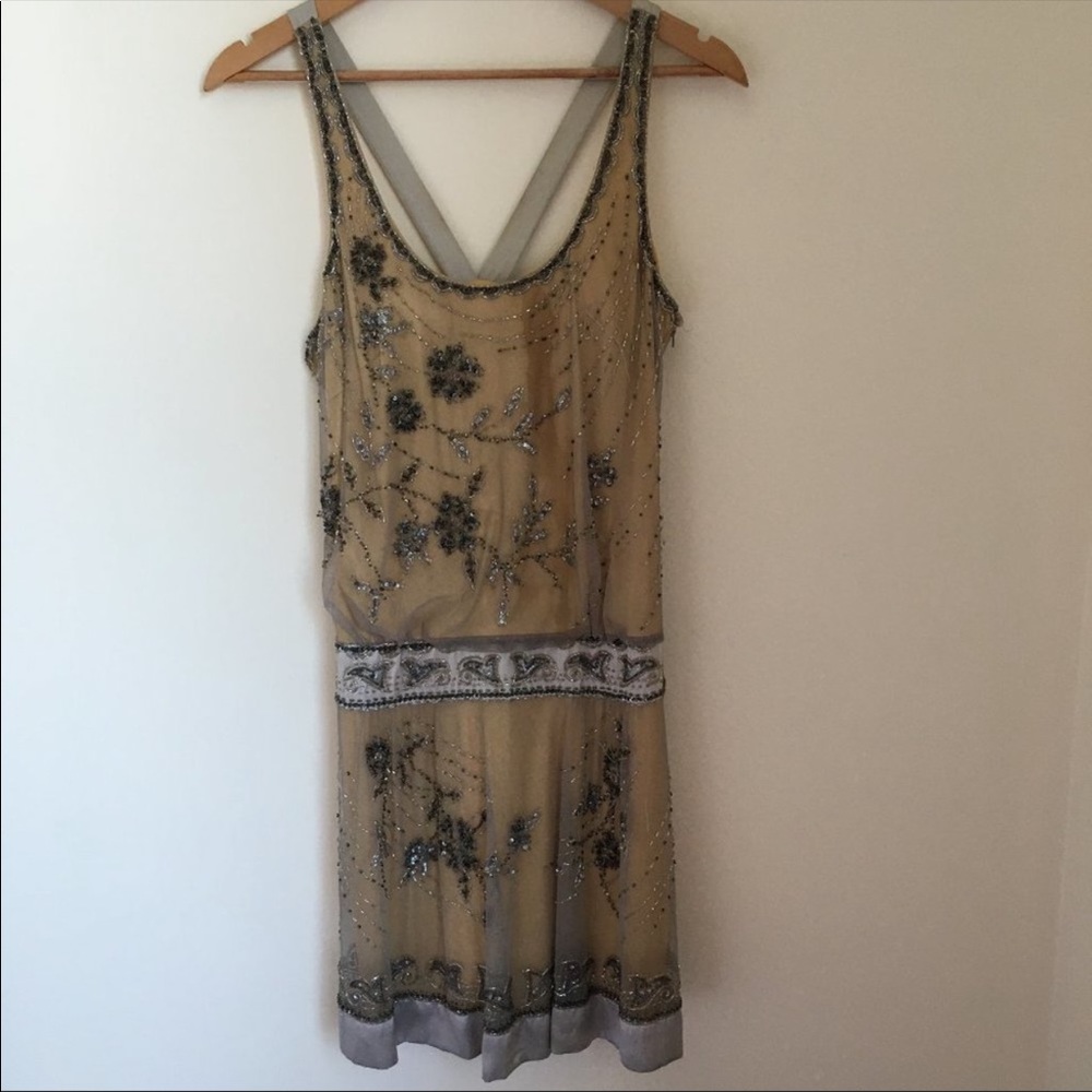 Sue Wong Satin Mesh Sequin Beaded Flapper Dress